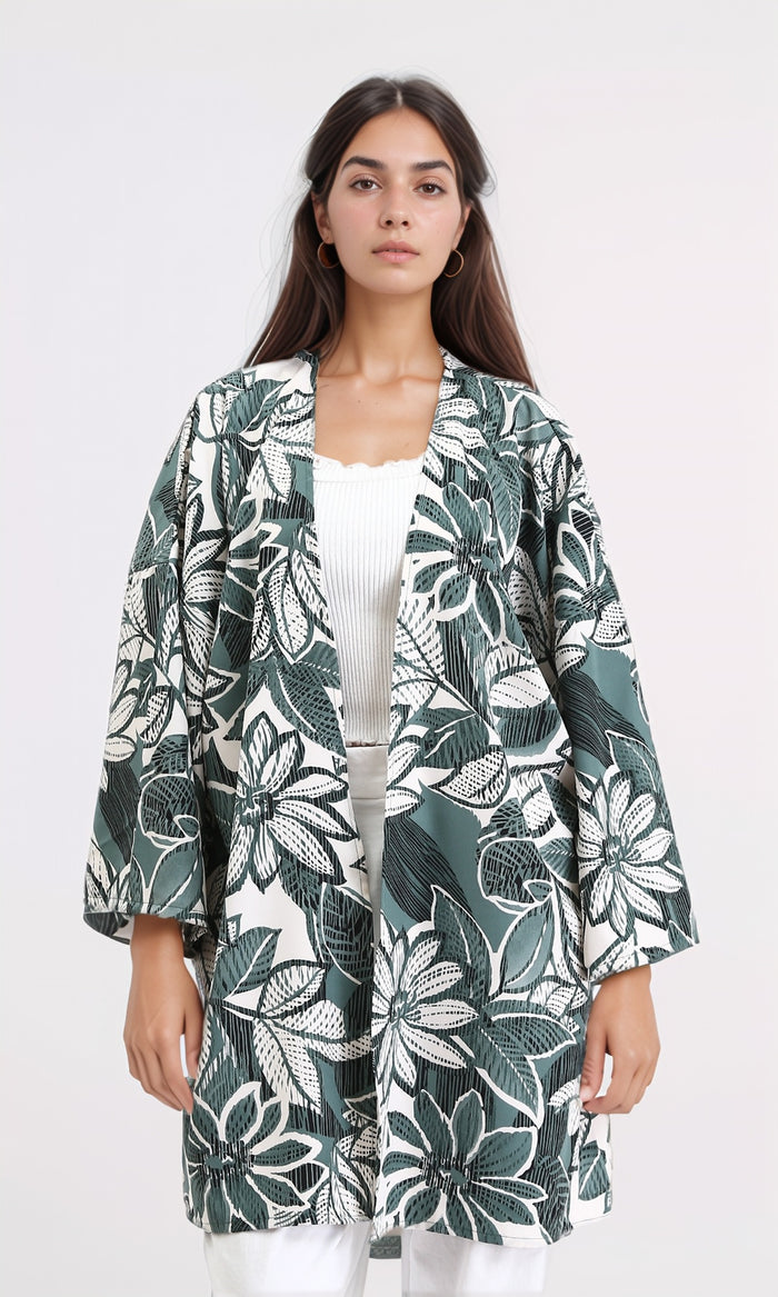 Floral Long Sleeves Comfy Cardigan - Dark Mint & White