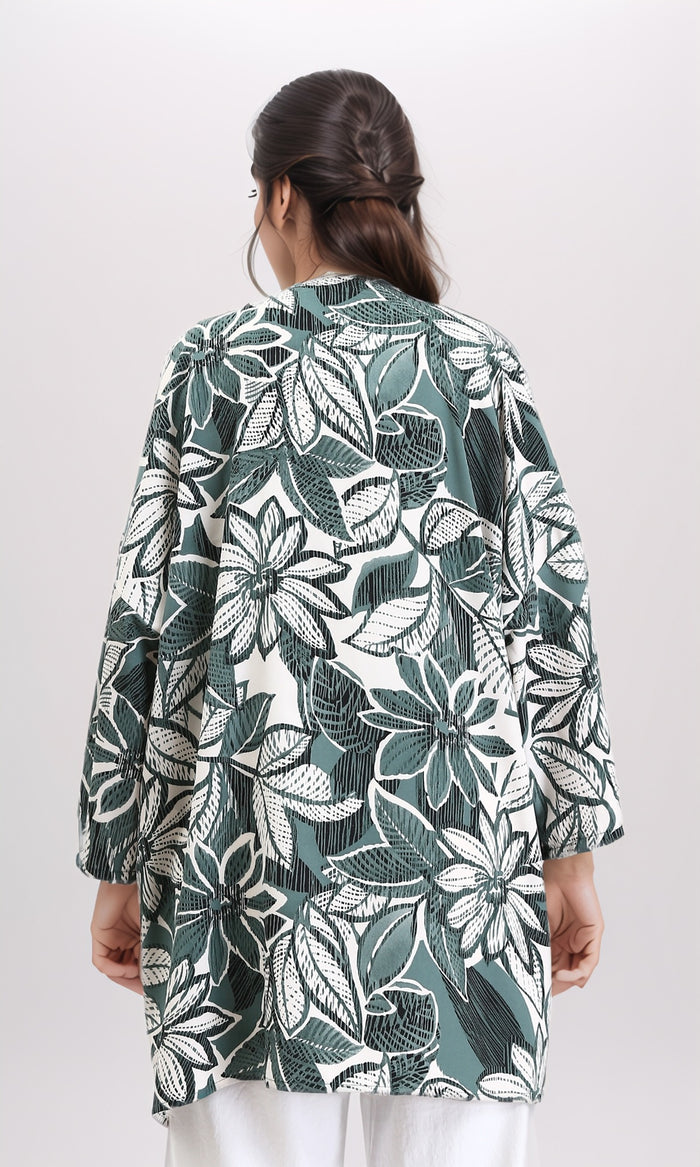 R210711 - Floral Long Sleeves Comfy Cardigan - Dark Mint & White