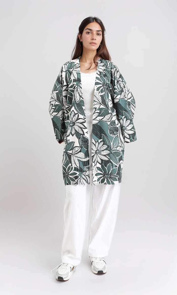 R210711 - Floral Long Sleeves Comfy Cardigan - Dark Mint & White