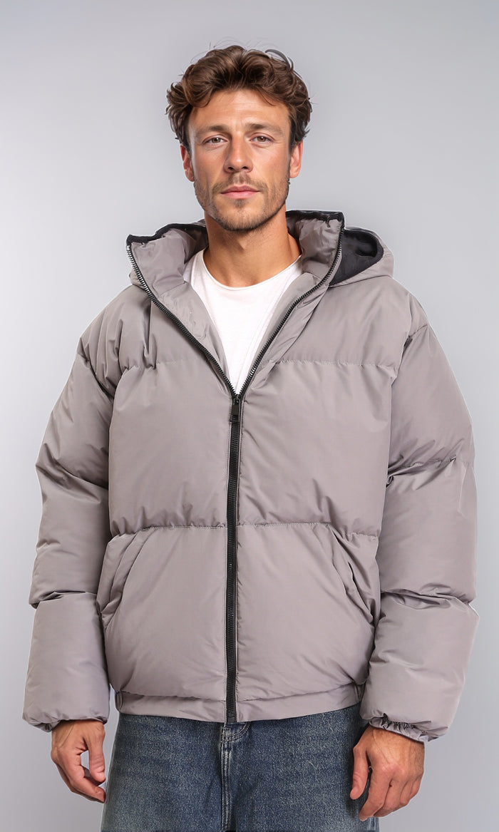 Hooded Neck Zipped Puffer Jacket - Medium Grey