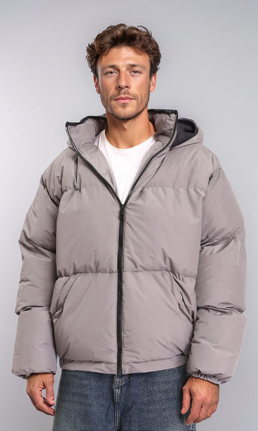 Hooded Neck Zipped Puffer Jacket - Medium Grey