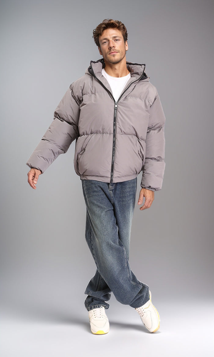 R210763 - Hooded Neck Zipped Puffer Jacket - Medium Grey