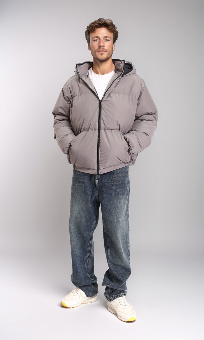 R210763 - Hooded Neck Zipped Puffer Jacket - Medium Grey