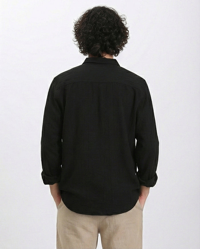 R210820 - Textured Long Sleeves Comfy Shirt - Black