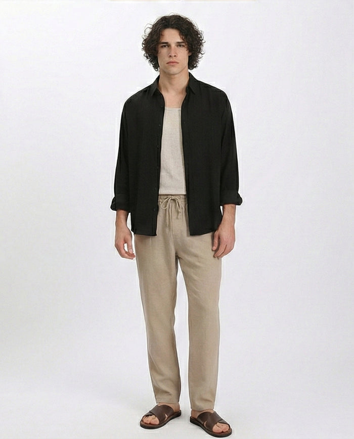 R210820 - Textured Long Sleeves Comfy Shirt - Black