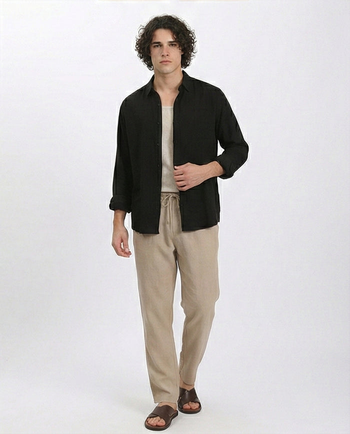 R210820 - Textured Long Sleeves Comfy Shirt - Black