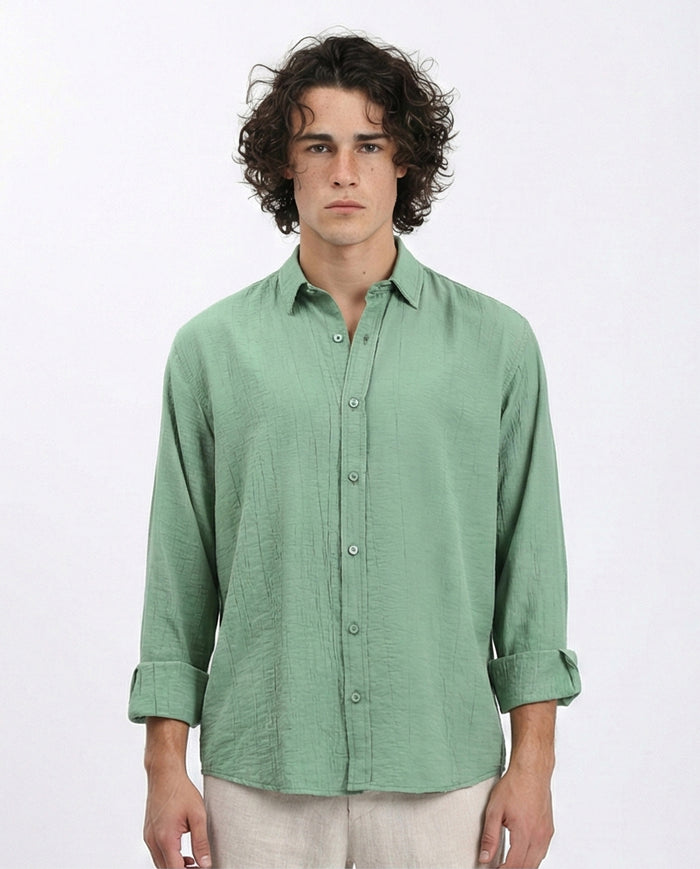 Textured Long Sleeves Comfy Shirt - Green