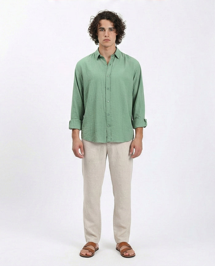 R210821 - Textured Long Sleeves Comfy Shirt - Green