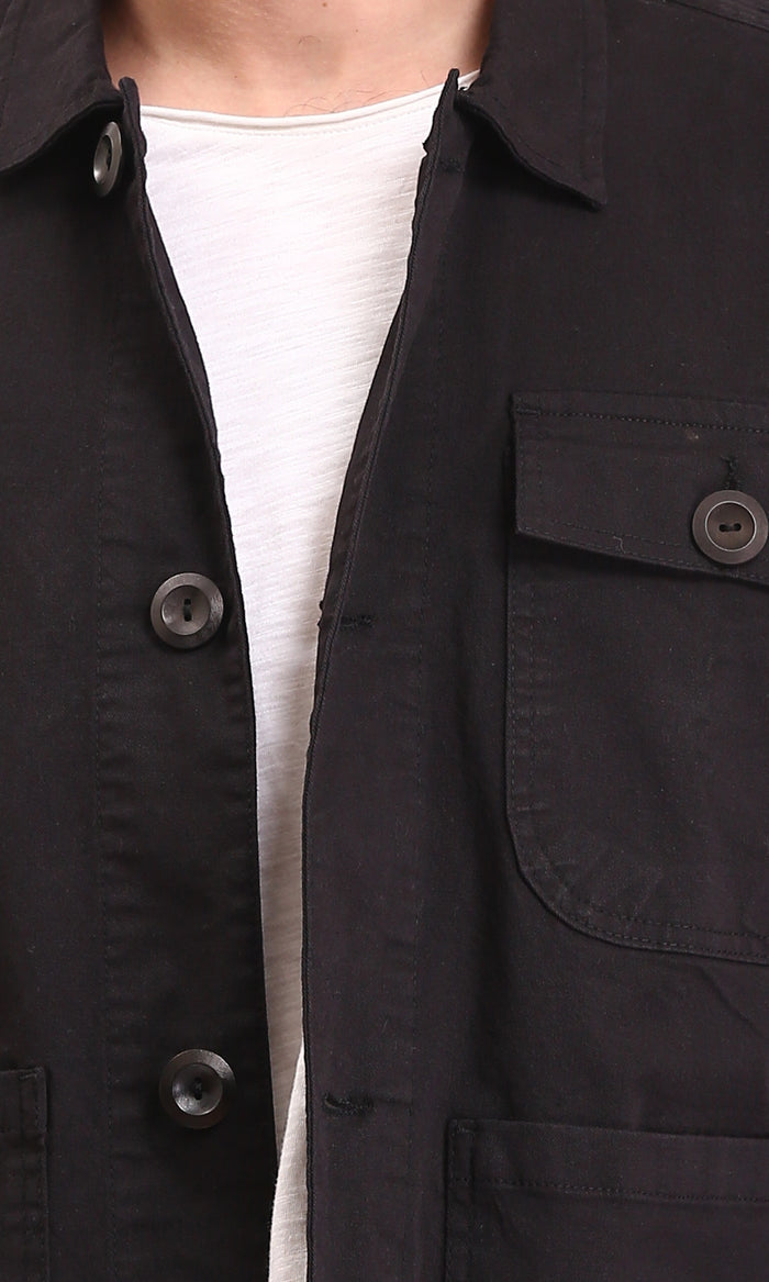 R210927 - Solid Casual Jacket with Multi-Pockets - Black