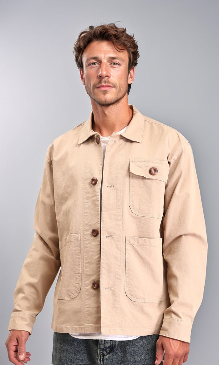 Solid Casual Jacket with Multi-Pockets - Dark Beige