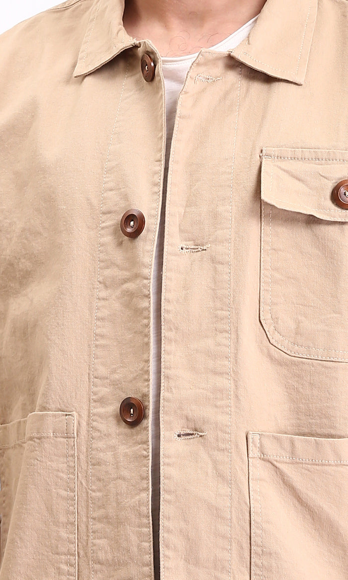 R210928 - Solid Casual Jacket with Multi-Pockets - Dark Beige