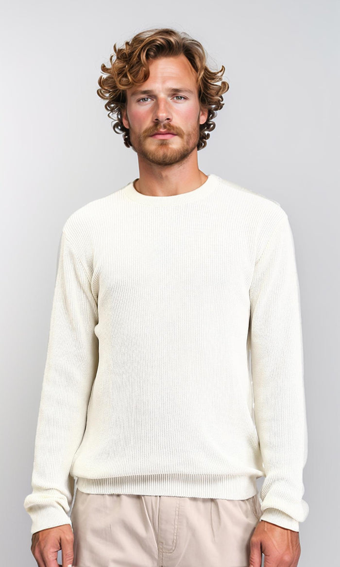 Ribbed Round Neck Slip On Pullover - Off-White