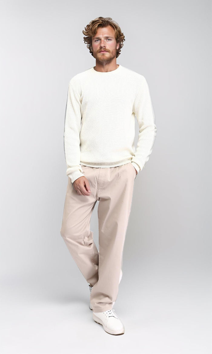 R210929 - Ribbed Round Neck Slip On Pullover - Off-White