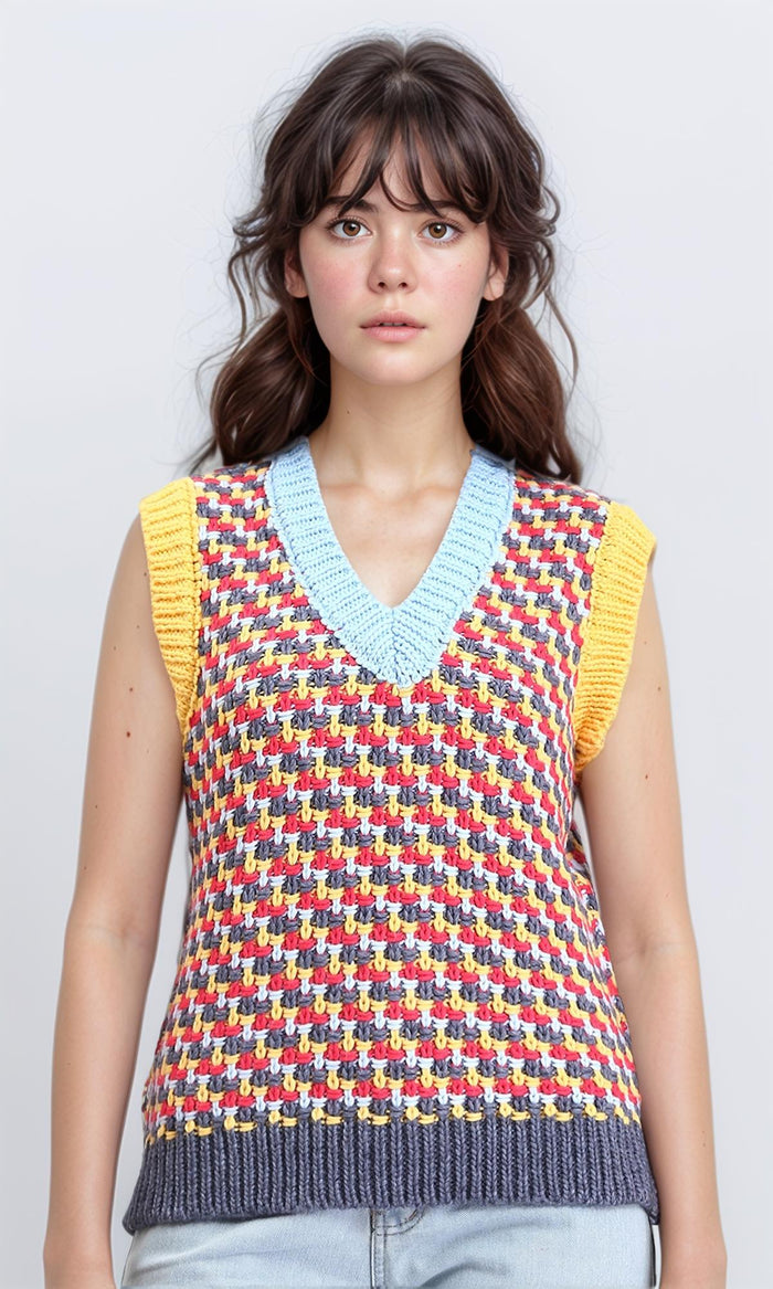 V-Neck Slip On Colorful Knitted Vest - Red & Yellow