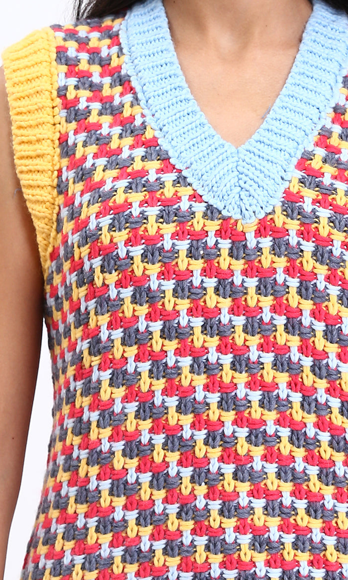 R210945 - V-Neck Slip On Colorful Knitted Vest - Red & Yellow