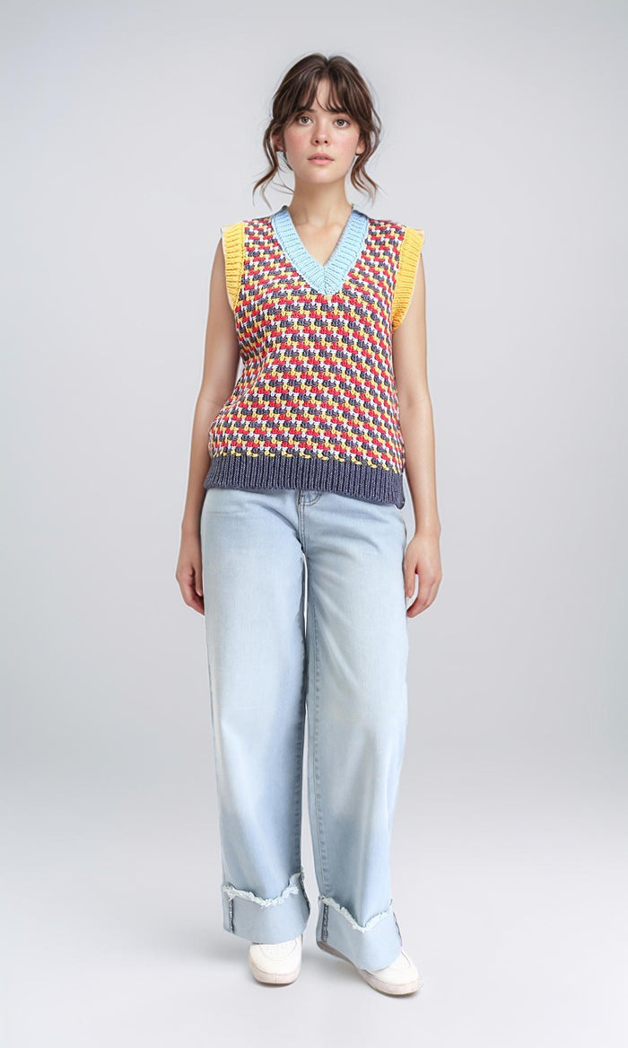 R210945 - V-Neck Slip On Colorful Knitted Vest - Red & Yellow