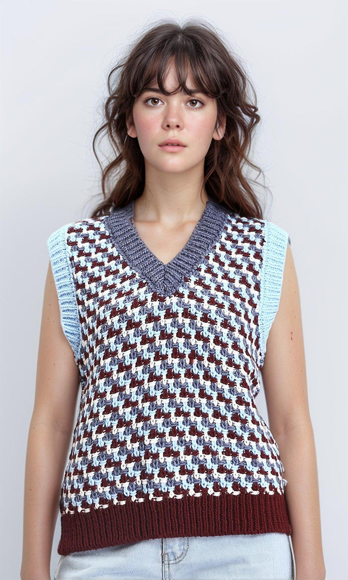 V-Neck Slip On Colorful Knitted Vest - Aqua & Burgundy