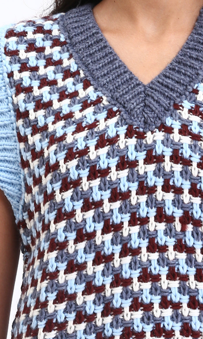 R210947 - V-Neck Slip On Colorful Knitted Vest - Aqua & Burgundy