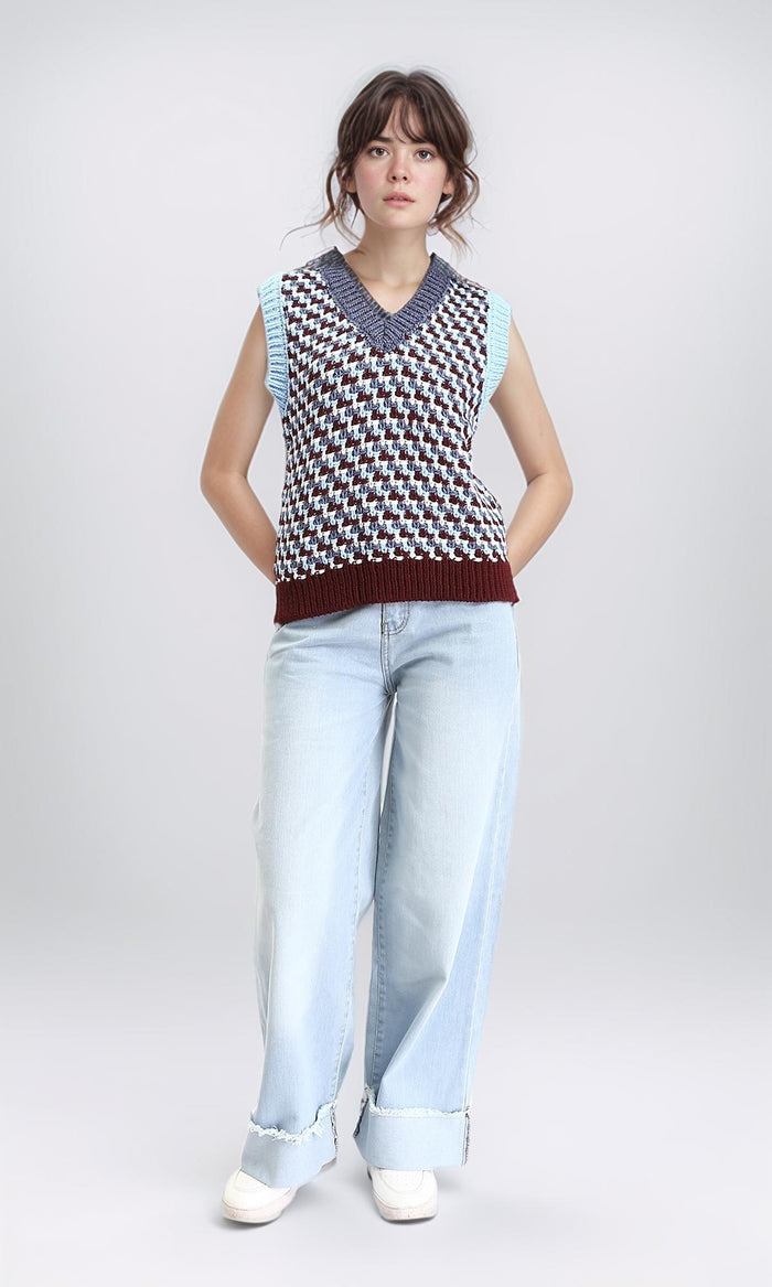 R210947 - V-Neck Slip On Colorful Knitted Vest - Aqua & Burgundy