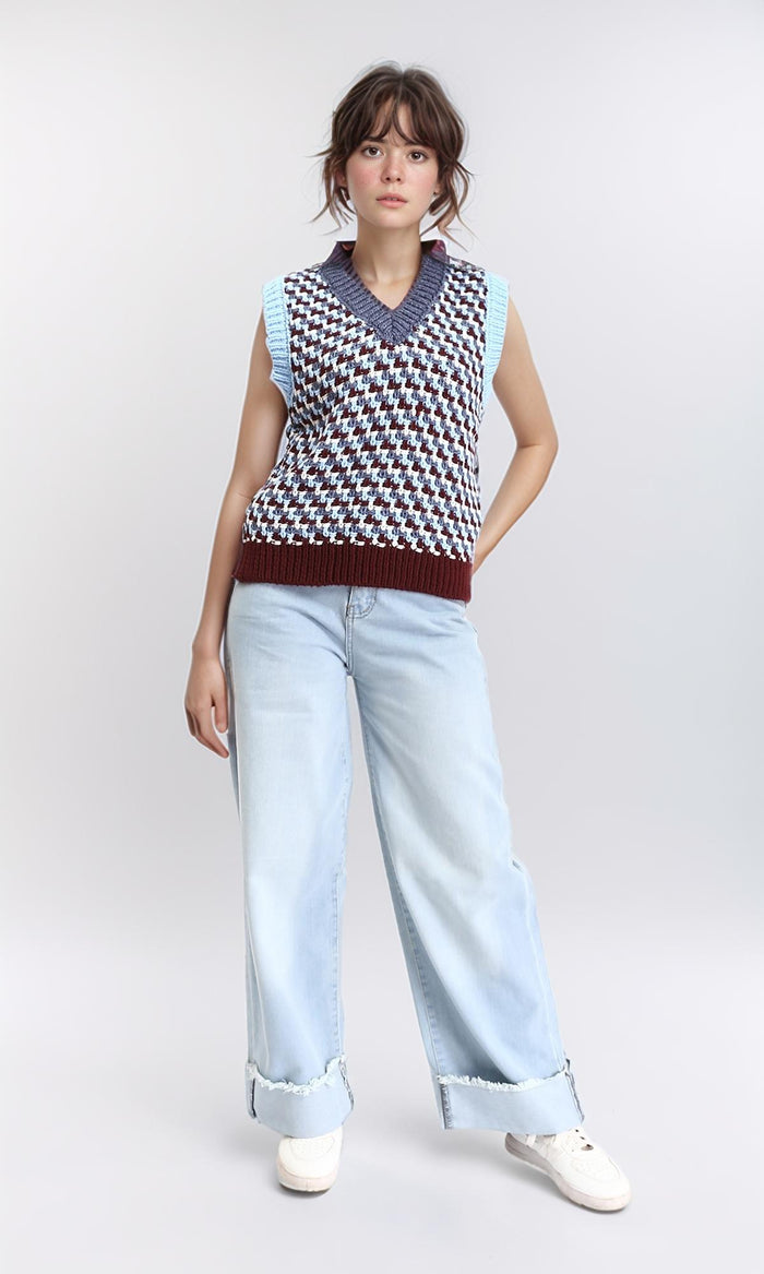R210947 - V-Neck Slip On Colorful Knitted Vest - Aqua & Burgundy