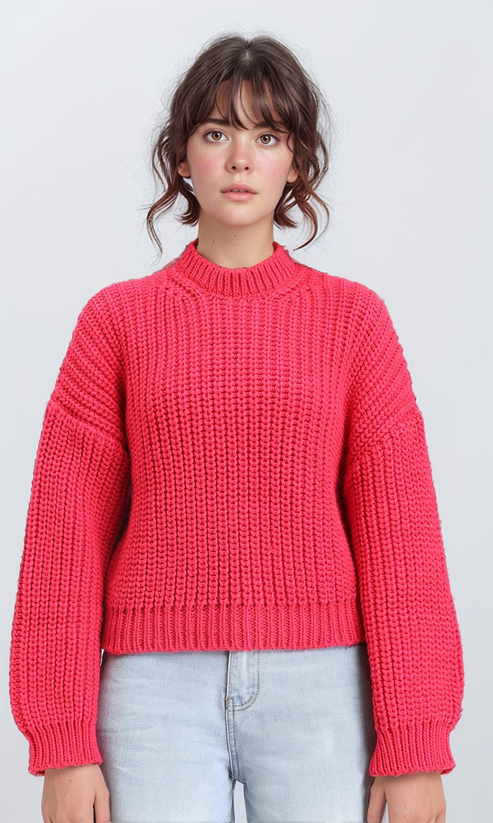 Mock Neck Chunky Knit Pullover - Hot Fuchsia