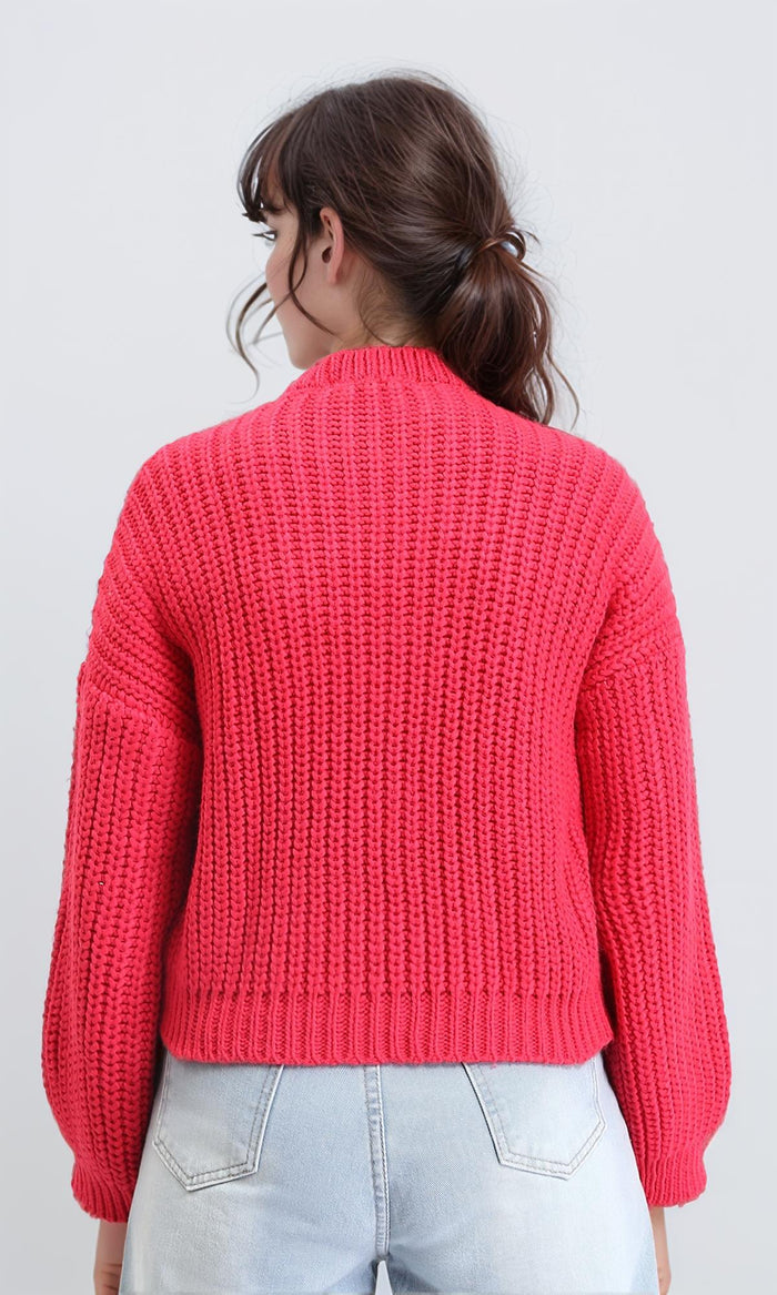 R210979 - Mock Neck Chunky Knit Pullover - Hot Fuchsia