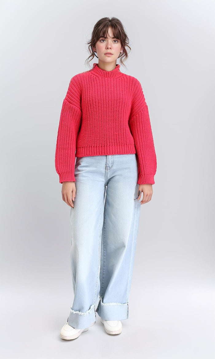 R210979 - Mock Neck Chunky Knit Pullover - Hot Fuchsia
