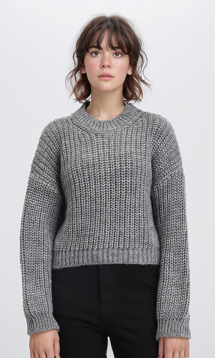 Mock Neck Chunky Knit Pullover - Dark Grey