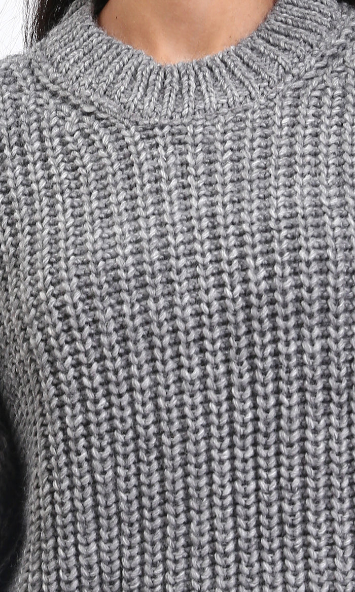 R210983 - Mock Neck Chunky Knit Pullover - Dark Grey