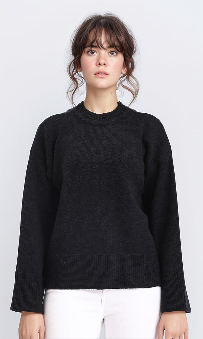 Long Sleeves Solid Basic Pullover - Black