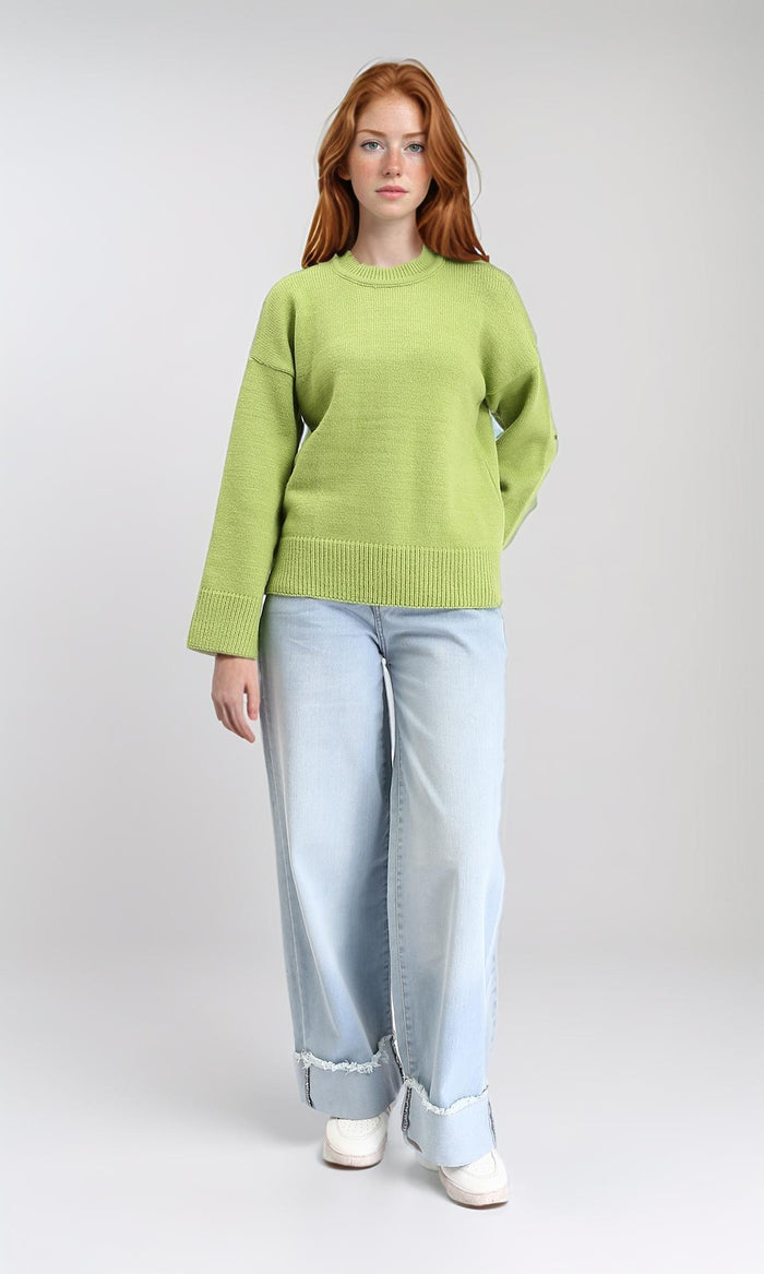 R211035 - Long Sleeves Solid Basic Pullover - Light Green
