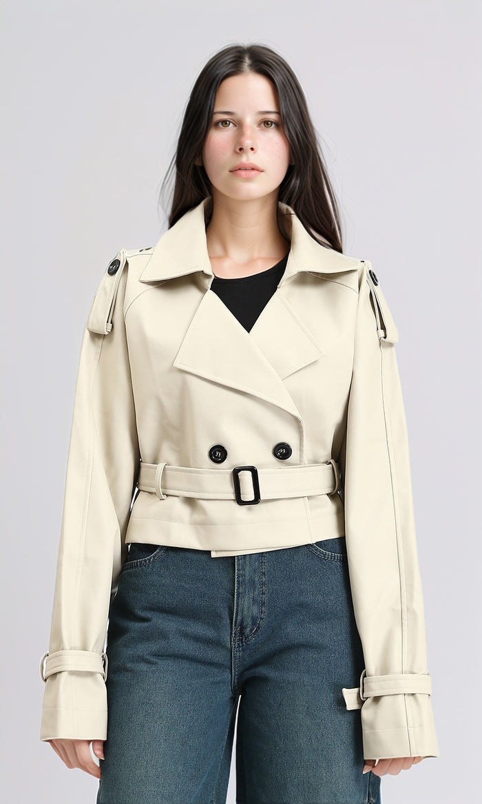 Solid Buttoned Short Leather Jacket - Beige