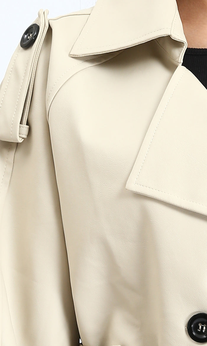 R211074 - Solid Buttoned Short Leather Jacket - Beige