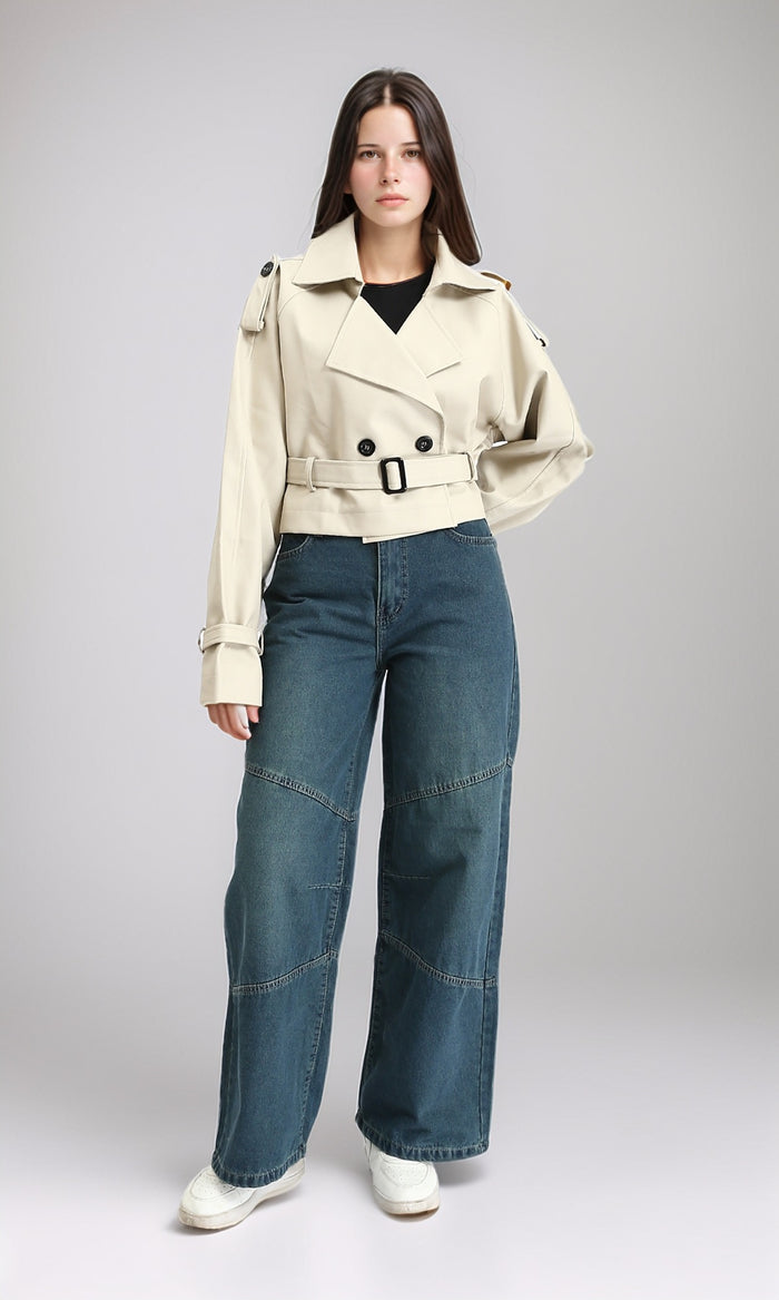 R211074 - Solid Buttoned Short Leather Jacket - Beige