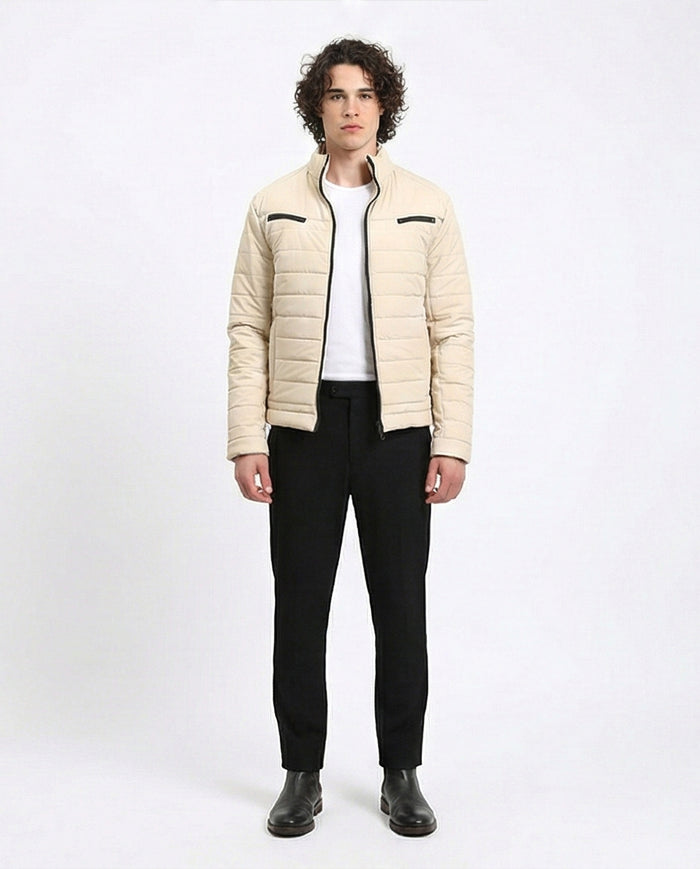 R211180 - Zipped Quilted Jacket with Pockets - Light Beige