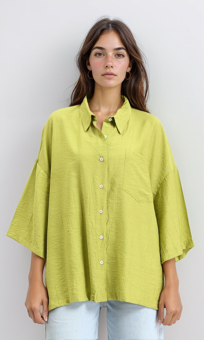 3/4 Sleeves Relaxed Textured Shirt - Lime