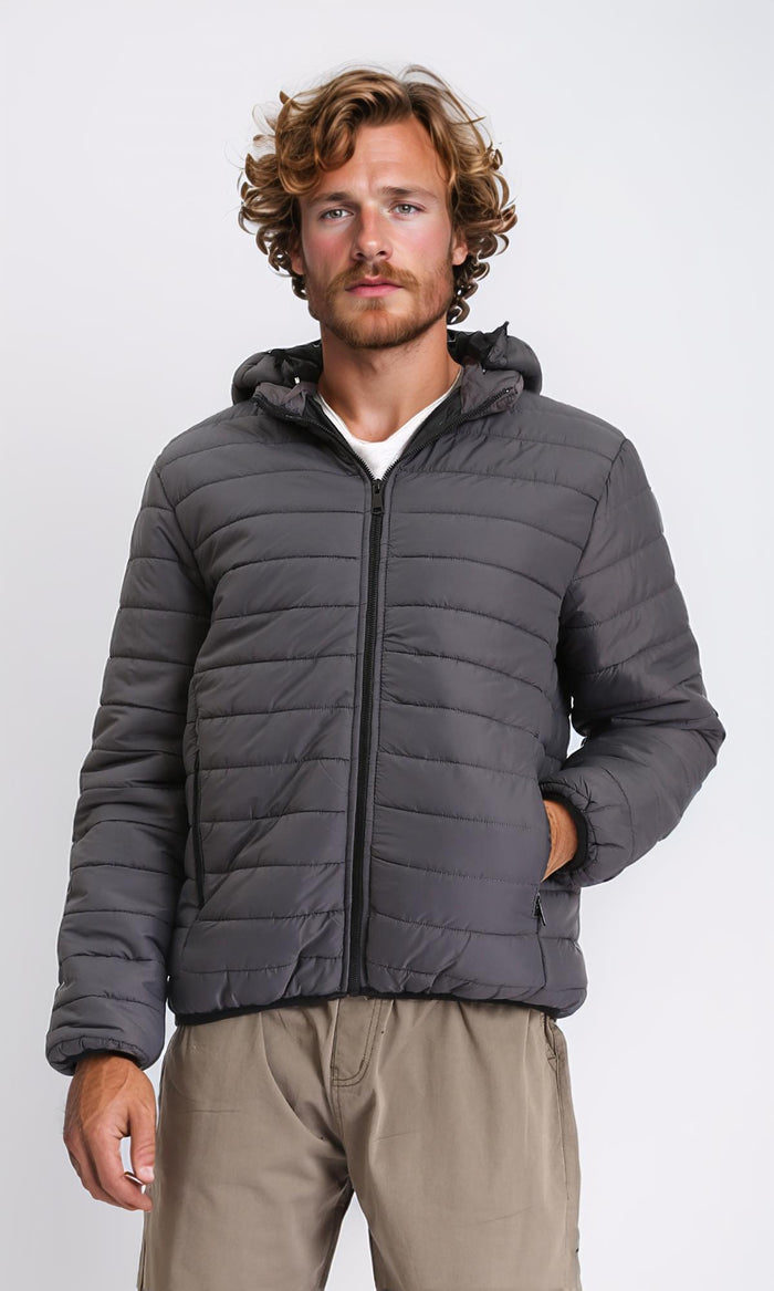 Hooded Neck Zipped Bomber Jacket - Dark Grey
