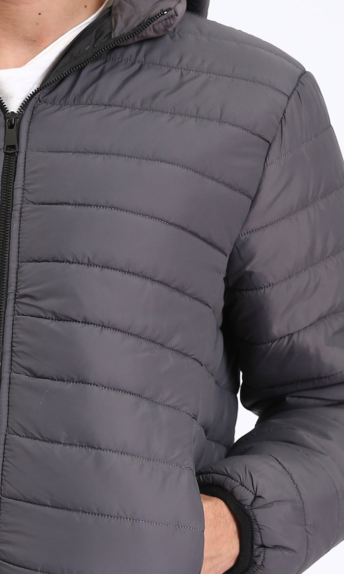 R211342 - Hooded Neck Zipped Bomber Jacket - Dark Grey