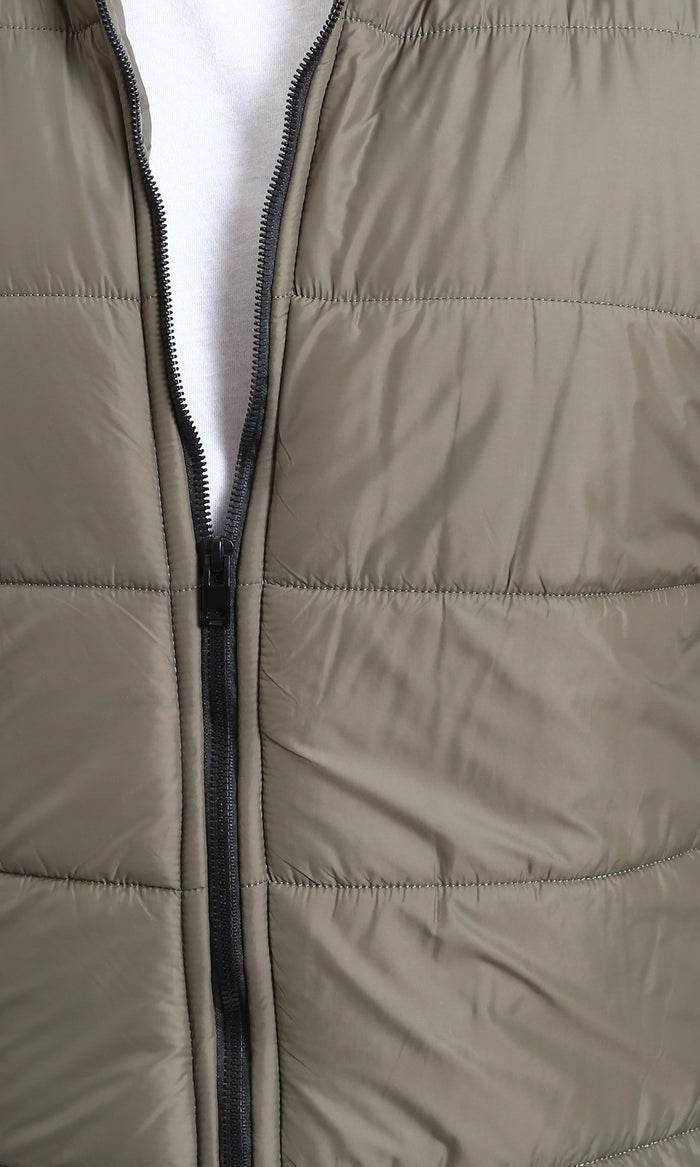 R211351 - Stand Collar Quilted Bomber Jacket - Light Khaki