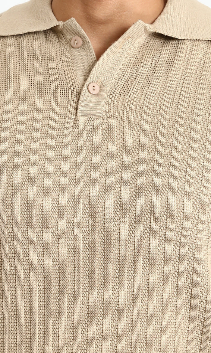R211361 - Long Sleeves Ribbed Winter Pullover - Dark Beige