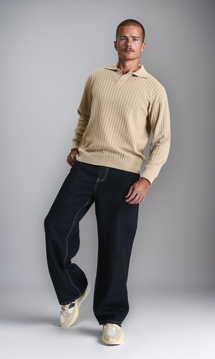 R211361 - Long Sleeves Ribbed Winter Pullover - Dark Beige