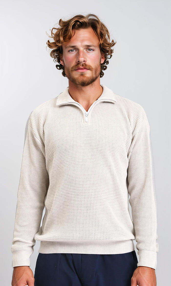 Zipped Knitted Sweater with Classic Collar - Oat