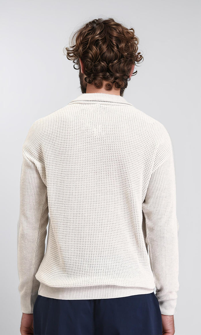 R211498 - Zipped Knitted Sweater with Classic Collar - Oat