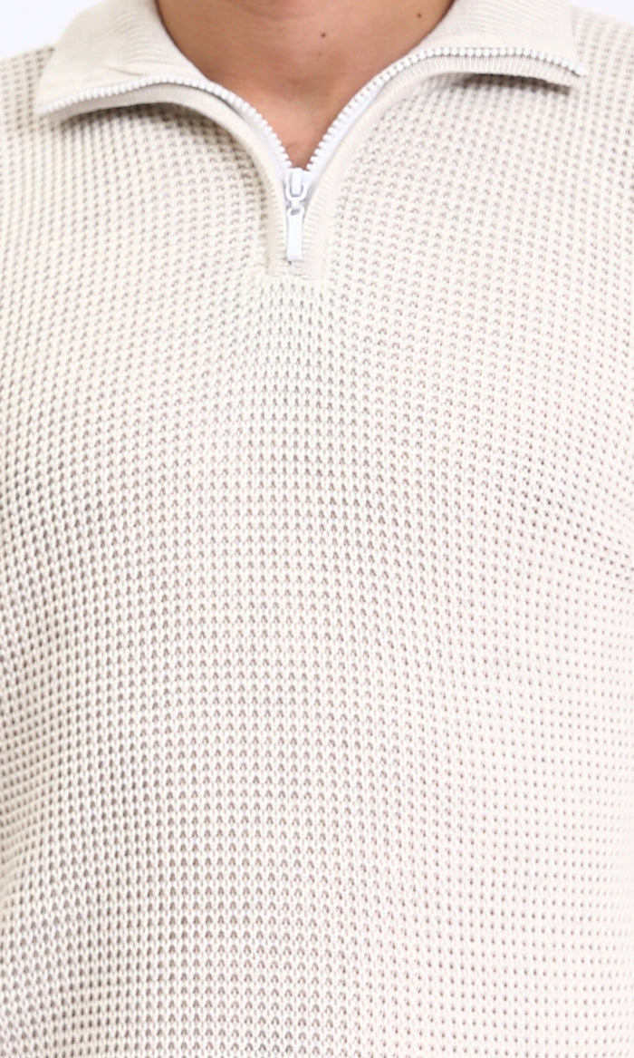 R211498 - Zipped Knitted Sweater with Classic Collar - Oat