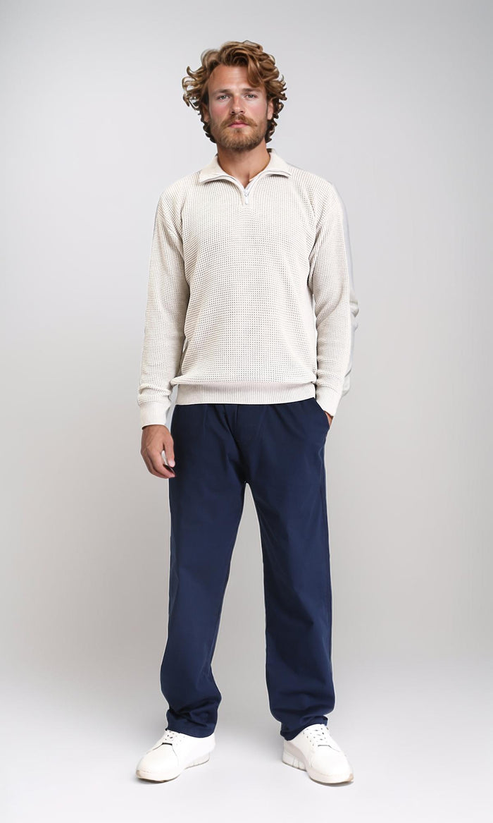 R211498 - Zipped Knitted Sweater with Classic Collar - Oat