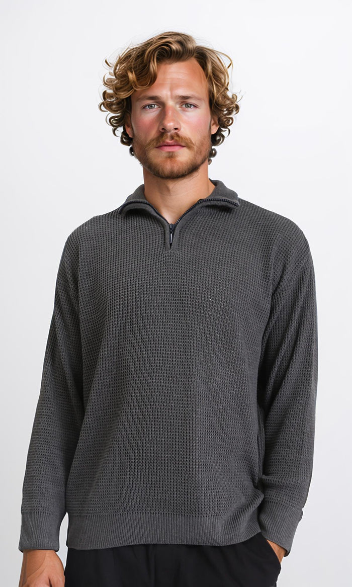 Zipped Knitted Sweater with Classic Collar - Charcoal Grey