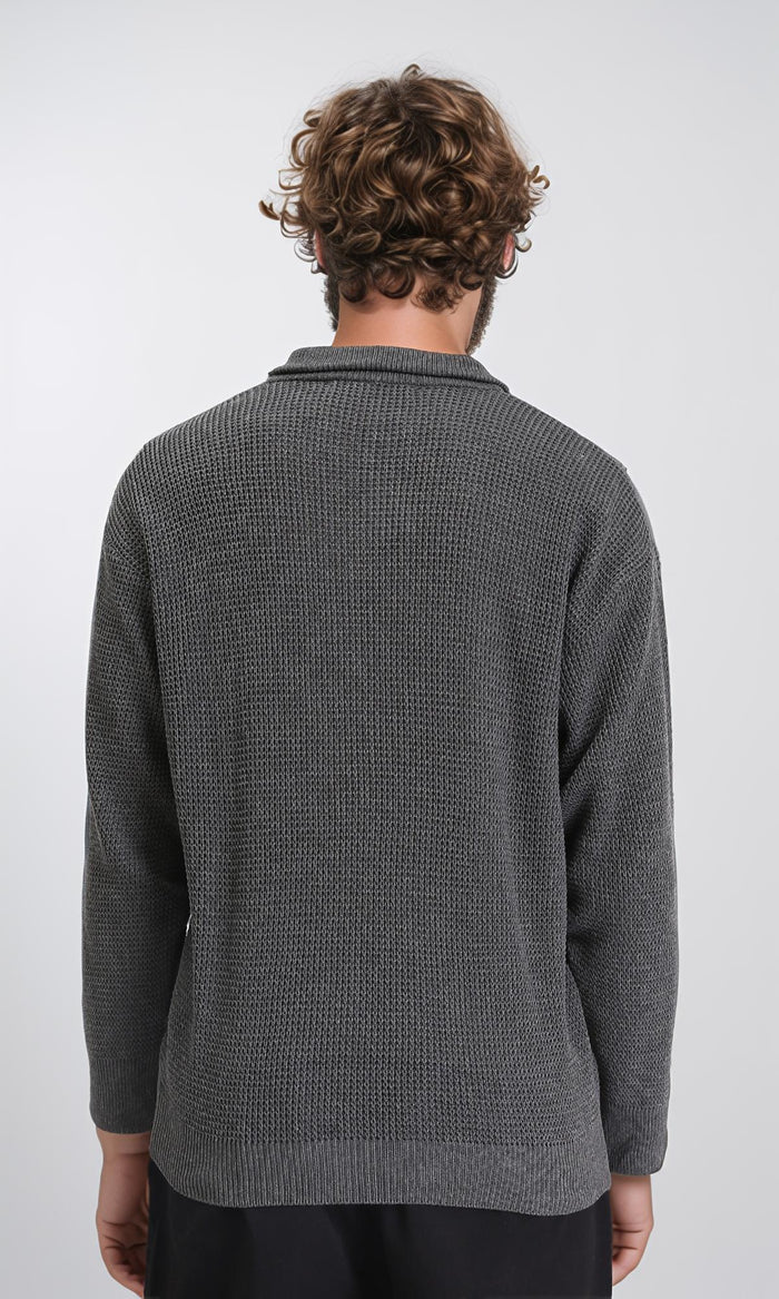 R211499 - Zipped Knitted Sweater with Classic Collar - Charcoal Grey