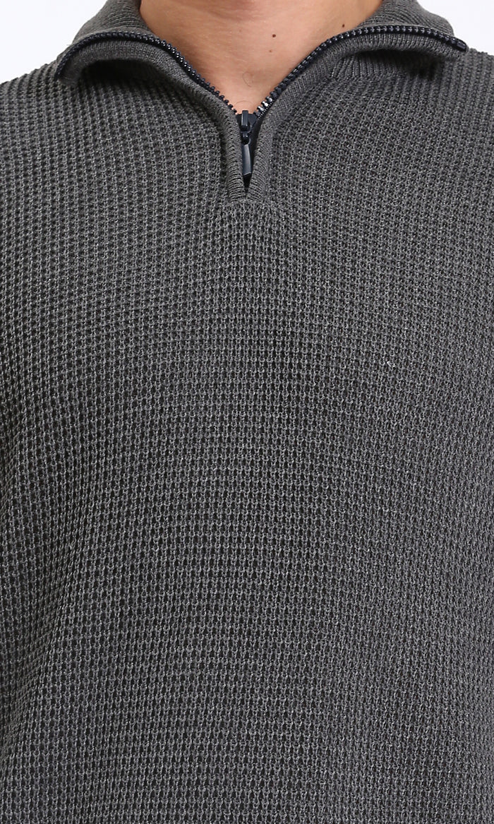 R211499 - Zipped Knitted Sweater with Classic Collar - Charcoal Grey