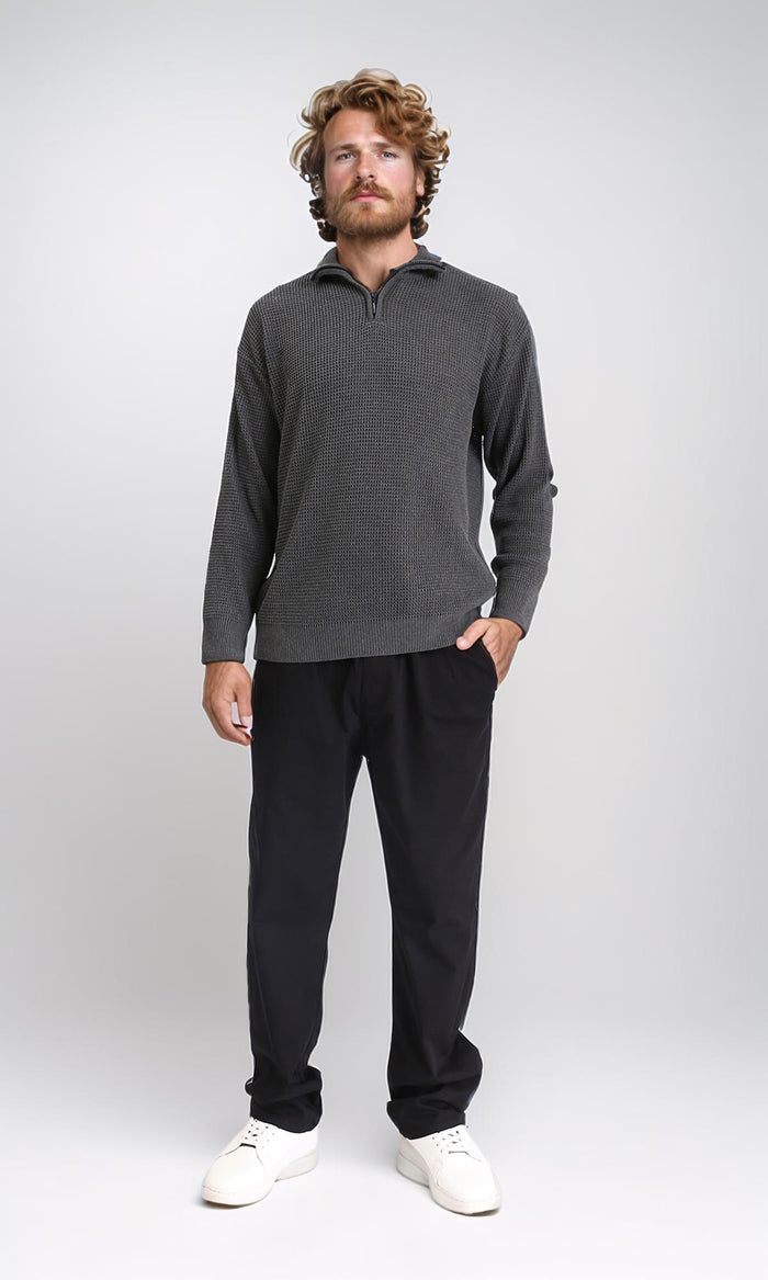 R211499 - Zipped Knitted Sweater with Classic Collar - Charcoal Grey