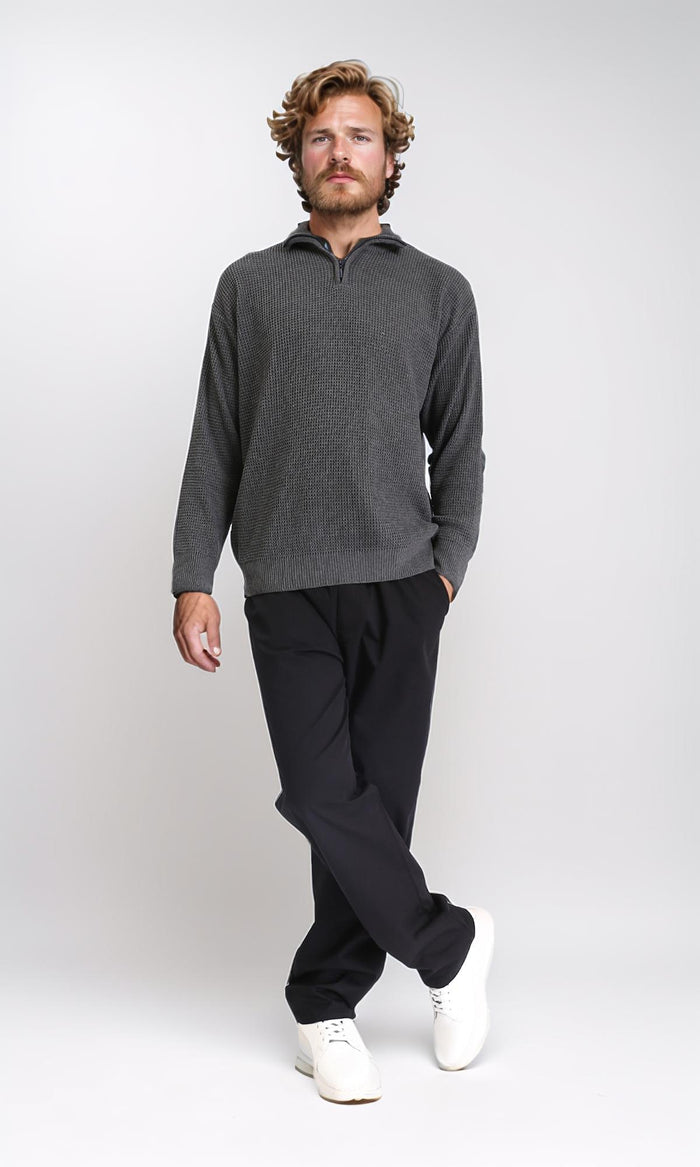 R211499 - Zipped Knitted Sweater with Classic Collar - Charcoal Grey
